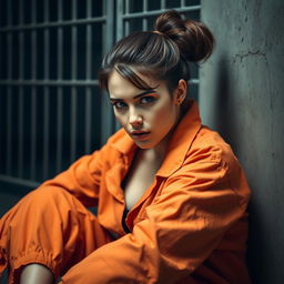 A young Russian brunette woman, her hair styled in a neat bun, is depicted sitting on the floor of a jail cell