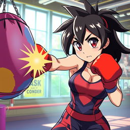 An anime-style female boxer with large expressive eyes and dynamic hair, delivering a vigorous punch to a colorful boxing bag in a vibrant gym setting