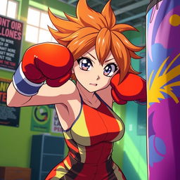 An anime-style female boxer with large expressive eyes and dynamic hair, delivering a vigorous punch to a colorful boxing bag in a vibrant gym setting