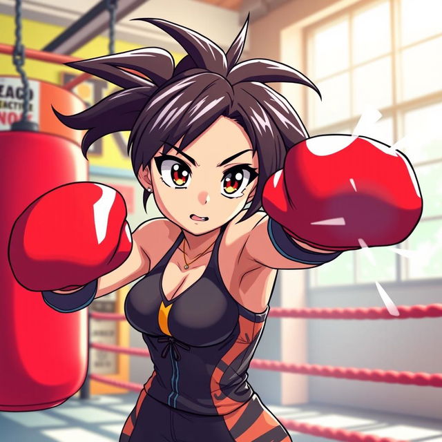 An anime-style female boxer with large expressive eyes and dynamic hair, delivering a vigorous punch to a colorful boxing bag in a vibrant gym setting