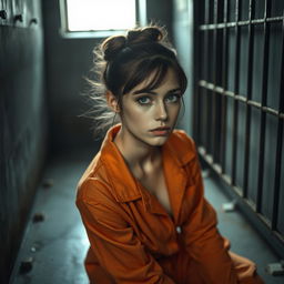A young Russian brunette woman with her hair styled in a bun, wearing an orange jumpsuit with the collar unbuttoned, sits on the cold, hard floor of a jail cell