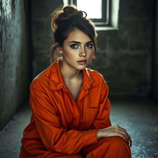 A young Russian brunette woman with her hair styled in a bun, wearing an orange jumpsuit with the collar unbuttoned, sits on the cold, hard floor of a jail cell