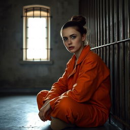 A young Russian brunette woman with her hair styled in a bun, wearing an orange jumpsuit with the collar unbuttoned, sits on the cold, hard floor of a jail cell
