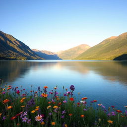 A stunning, serene landscape featuring a tranquil lake surrounded by lush green mountains under a clear blue sky