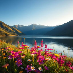 A stunning, serene landscape featuring a tranquil lake surrounded by lush green mountains under a clear blue sky