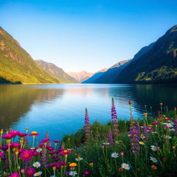 A stunning, serene landscape featuring a tranquil lake surrounded by lush green mountains under a clear blue sky