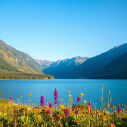 A stunning, serene landscape featuring a tranquil lake surrounded by lush green mountains under a clear blue sky
