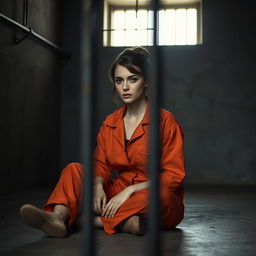 A young Russian brunette woman with her hair styled in a neat bun, dressed in an orange jumpsuit with the collar unbuttoned, is seated on the cold concrete floor of a jail cell