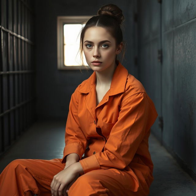 A young Russian brunette woman with her hair styled in a neat bun, dressed in an orange jumpsuit with the collar unbuttoned, is seated on the cold concrete floor of a jail cell