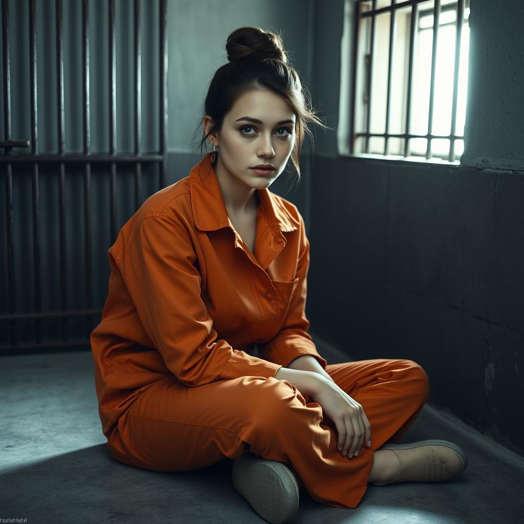 A young Russian brunette woman with her hair styled in a neat bun, dressed in an orange jumpsuit with the collar unbuttoned, is seated on the cold concrete floor of a jail cell