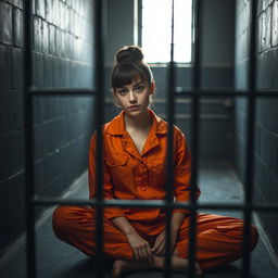 A young Russian brunette woman with her hair styled in a neat bun, dressed in an orange jumpsuit with the collar unbuttoned, is seated on the cold concrete floor of a jail cell
