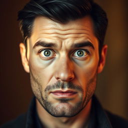 A realistic portrait of a man with an intense expression, focusing on his facial features
