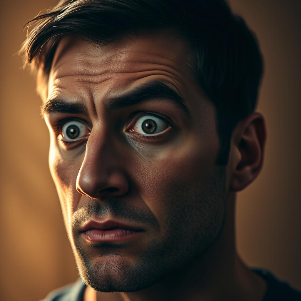 A realistic portrait of a man with an intense expression, focusing on his facial features