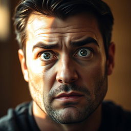 A realistic portrait of a man with an intense expression, focusing on his facial features