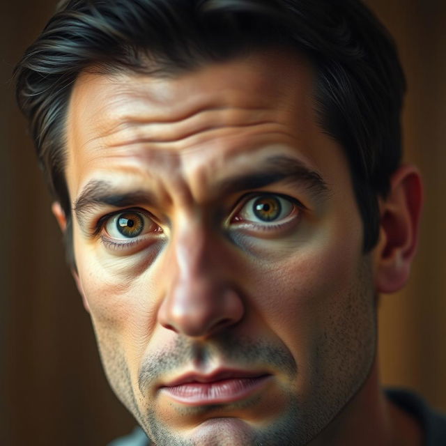 A realistic portrait of a man with an intense expression, focusing on his facial features