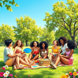 A vibrant and dynamic scene depicting eight friends having fun together outdoors in a sunny park