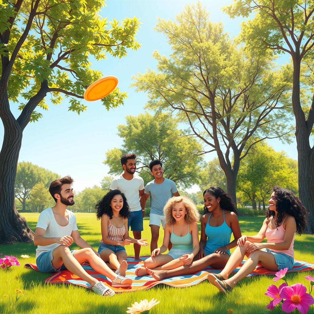 A vibrant and dynamic scene depicting eight friends having fun together outdoors in a sunny park