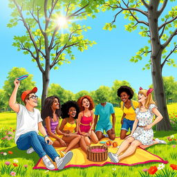 A vibrant and dynamic scene depicting eight friends having fun together outdoors in a sunny park