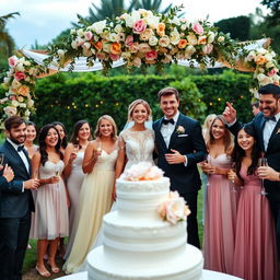 A joyful wedding party scene with a beautiful couple standing under a floral arch