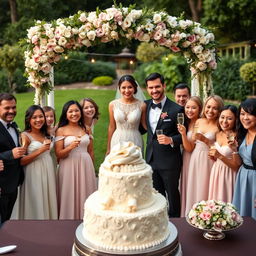 A joyful wedding party scene with a beautiful couple standing under a floral arch