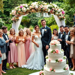A joyful wedding party scene with a beautiful couple standing under a floral arch