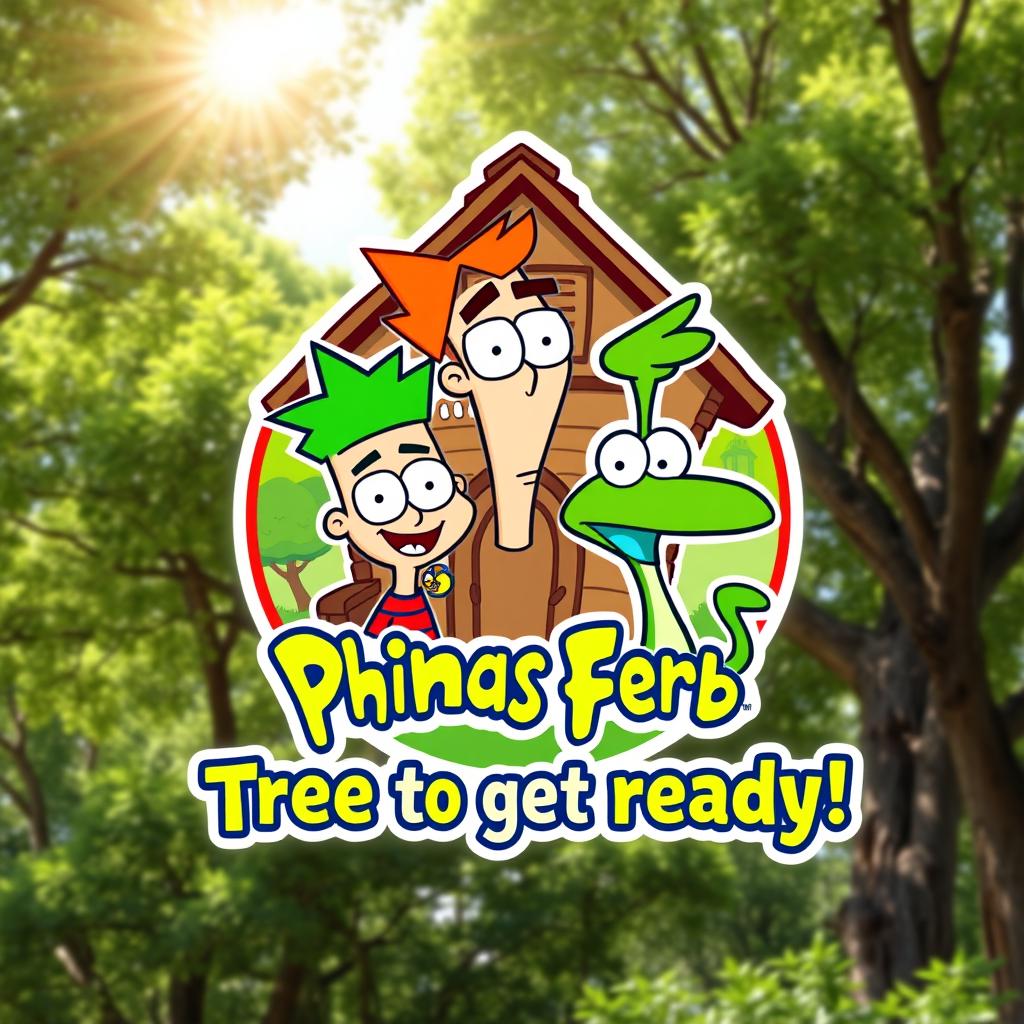 A colorful and playful logo featuring the characters Phineas, Ferb, and Perry the Platypus