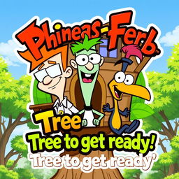 A colorful and playful logo featuring the characters Phineas, Ferb, and Perry the Platypus