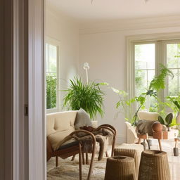 A cozy and beautifully decorated home interior with natural light streaming in, vibrant houseplants for a touch of green, and comfortable, stylish furniture.