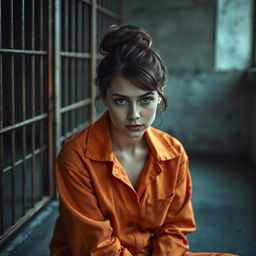 A young Russian brunette woman with her hair styled in a bun, wearing an orange jumpsuit that has the collar unbuttoned, sitting on the floor of a jail cell