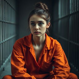 A young Russian brunette woman with her hair styled in a bun, wearing an orange jumpsuit that has the collar unbuttoned, sitting on the floor of a jail cell