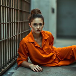 A young Russian brunette woman with her hair styled in a bun, wearing an orange jumpsuit that has the collar unbuttoned, sitting on the floor of a jail cell