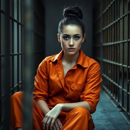 A young Russian brunette woman with her hair styled in a bun, wearing an orange jumpsuit that has the collar unbuttoned, sitting on the floor of a jail cell