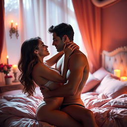 A sensual and passionate scene depicting two adults in a romantic embrace