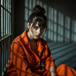 A young Russian brunette woman with her hair styled in a neat bun, dressed in an orange jumpsuit with the collar unbuttoned, sitting on the cold floor of a jail cell