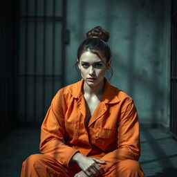A young Russian brunette woman with her hair styled in a neat bun, dressed in an orange jumpsuit with the collar unbuttoned, sitting on the cold floor of a jail cell