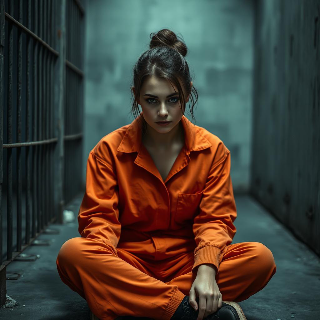 A young Russian brunette woman with her hair styled in a neat bun, dressed in an orange jumpsuit with the collar unbuttoned, sitting on the cold floor of a jail cell