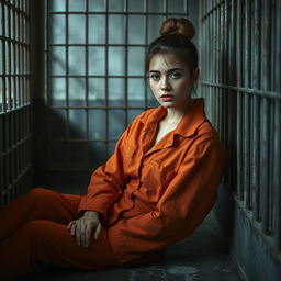 A young Russian brunette woman with her hair styled in a neat bun, dressed in an orange jumpsuit with the collar unbuttoned, sitting on the cold floor of a jail cell
