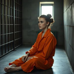 A young Russian brunette woman with her hair styled in a bun, wearing an orange jumpsuit with the collar unbuttoned, is sitting on the cold, hard floor of a jail cell