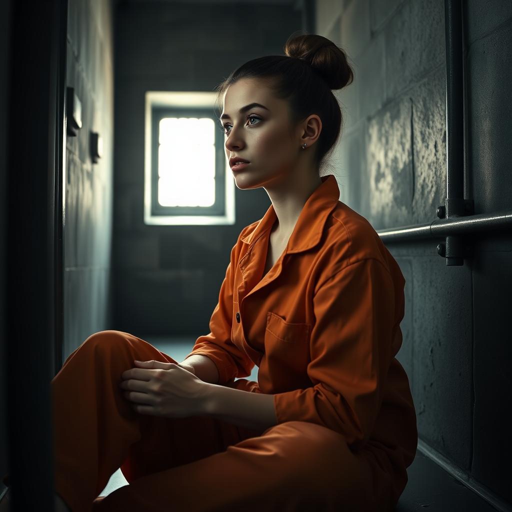 A young Russian brunette woman with her hair styled in a bun, wearing an orange jumpsuit with the collar unbuttoned, is sitting on the cold, hard floor of a jail cell