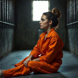 A young Russian brunette woman with her hair styled in a bun, wearing an orange jumpsuit with the collar unbuttoned, is sitting on the cold, hard floor of a jail cell