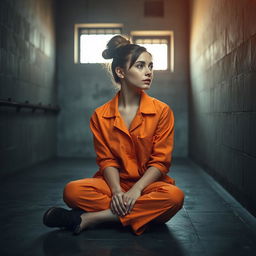 A young Russian brunette woman with her hair styled in a bun, wearing an orange jumpsuit with the collar unbuttoned, is sitting on the cold, hard floor of a jail cell