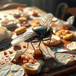 A stunning 3D animated image showcasing a realistic and beautifully detailed fly, focusing on its iridescent wings and intricate body textures