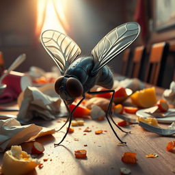 A stunning 3D animated image showcasing a realistic and beautifully detailed fly, focusing on its iridescent wings and intricate body textures