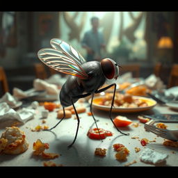 A stunning 3D animated image showcasing a realistic and beautifully detailed fly, focusing on its iridescent wings and intricate body textures