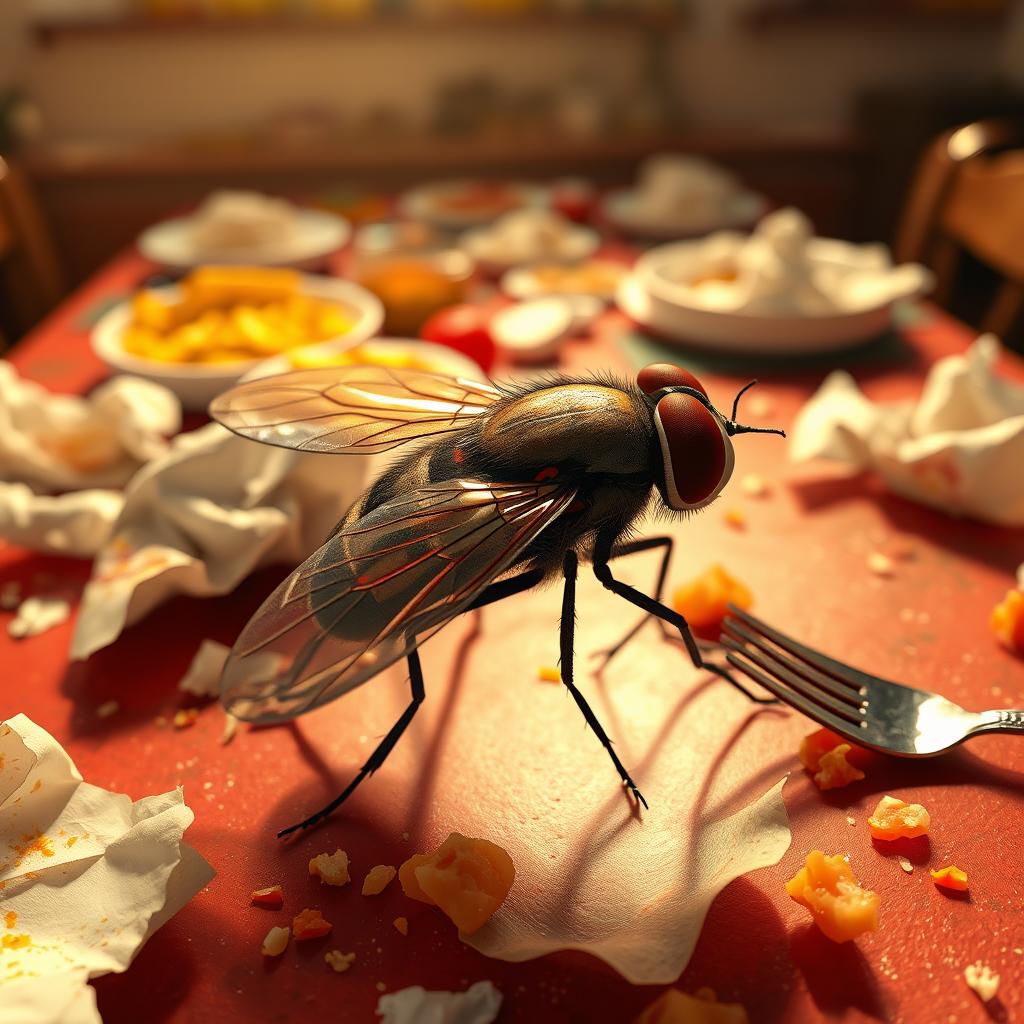 A stunning 3D animated image showcasing a realistic and beautifully detailed fly, focusing on its iridescent wings and intricate body textures