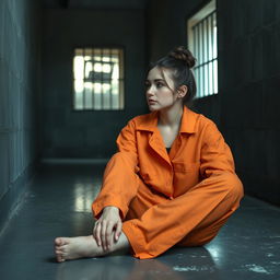 A young Russian brunette woman with her hair styled in a bun, wearing an orange jumpsuit with the collar unbuttoned and no earrings, is sitting on the cold, hard floor of a jail cell