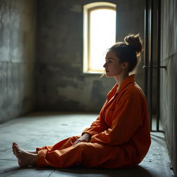 A young Russian brunette woman with her hair styled in a bun, wearing an orange jumpsuit with the collar unbuttoned and no earrings, is sitting on the cold, hard floor of a jail cell