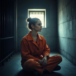 A young Russian brunette woman with her hair styled in a bun, wearing an orange jumpsuit with the collar unbuttoned and no earrings, is sitting on the cold, hard floor of a jail cell
