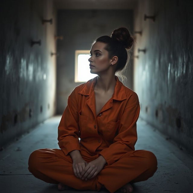 A young Russian brunette woman with her hair styled in a bun, wearing an orange jumpsuit with the collar unbuttoned and no earrings, is sitting on the cold, hard floor of a jail cell