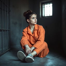 A young Russian brunette woman with her hair styled in a bun, wearing an orange jumpsuit with the collar unbuttoned and slip-on shoes, is sitting on the cold concrete floor of a jail cell